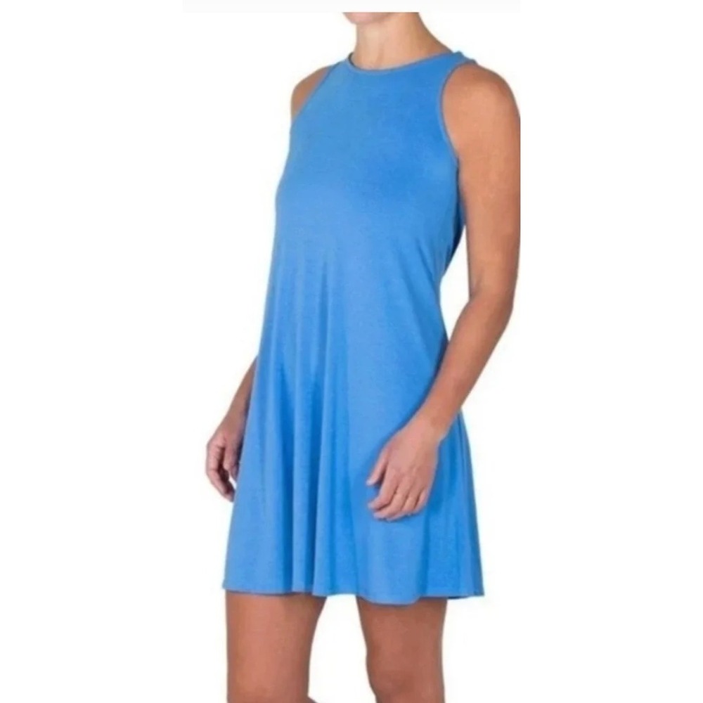 Free Fly Bamboo High Neck Swing Dress Blue Sleeveless A-Line Blue Coastal Small